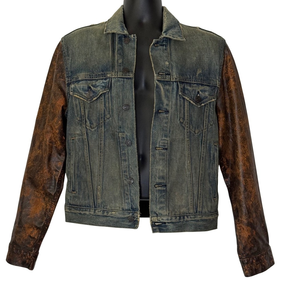 Denim & Supply Ralph Lauren Trucker Jacket Blue Denim Brown Coated Sleeves  M